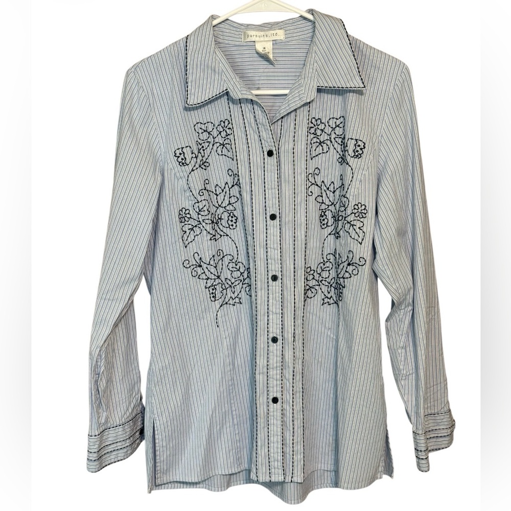 Pursuits Ltd Cotton Striped Embroidered Button Down Shirt Sz 14